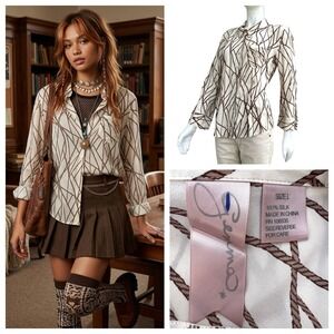 Vintage Y2K Gemma Silk Blouse Button Down Shirt Cream Lattice Office Siren Sz L